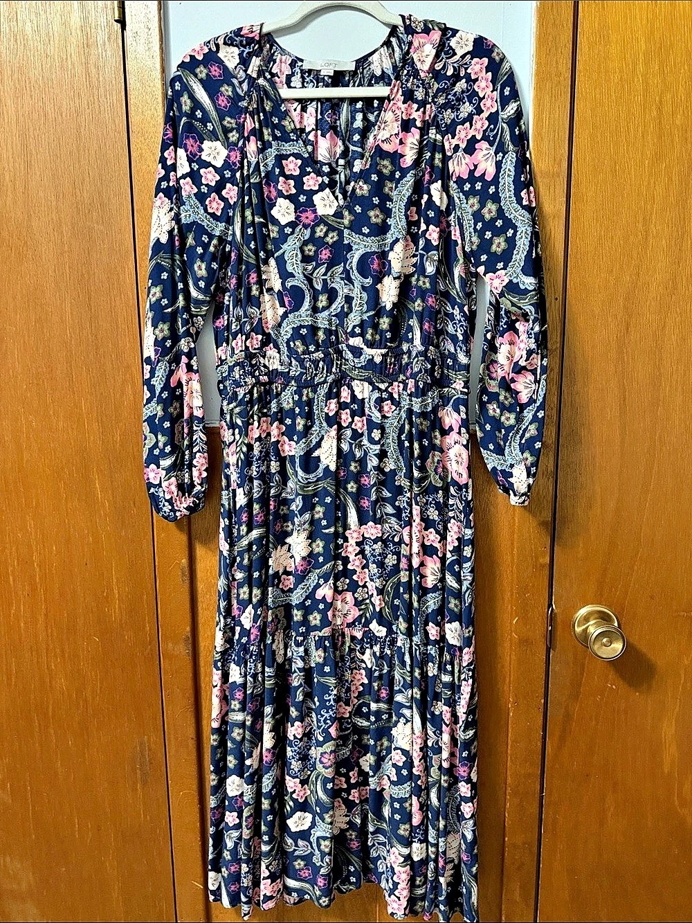 LOFT Navy Blue Floral Tiered Long Sleeve Dress Maxi Dress